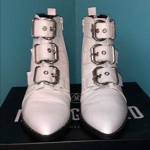 White Three Buckle Pointed Biker Boots